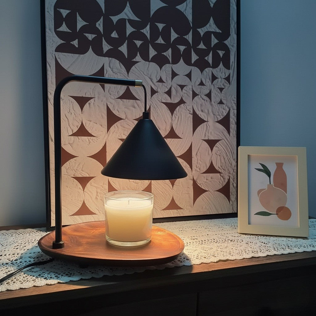 Modern Wooden Base Candle Warmer Lamp – Minimalist Black Cone Design