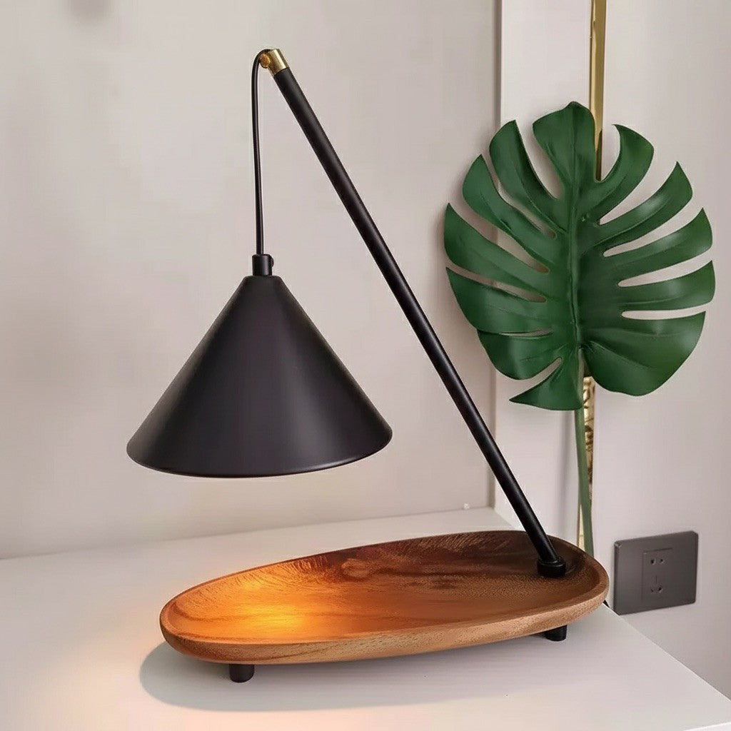 Modern Wooden Base Candle Warmer Lamp – Minimalist Black Cone Design