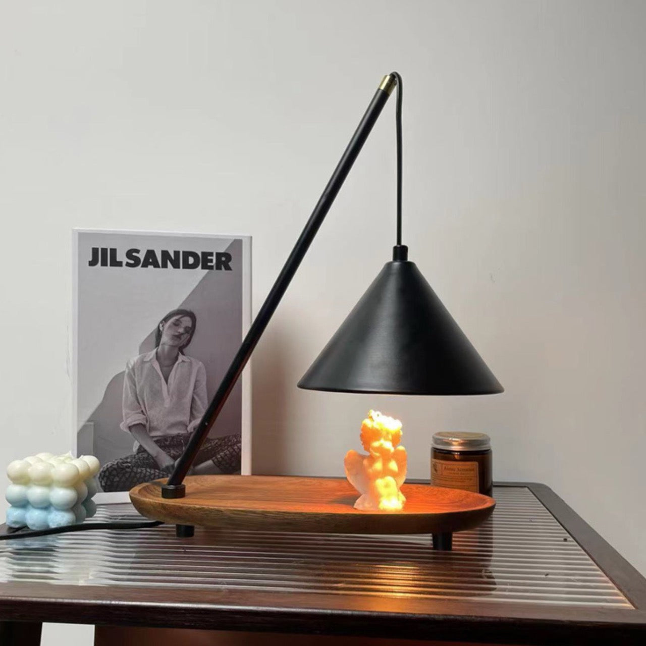 Modern Wooden Base Candle Warmer Lamp – Minimalist Black Cone Design